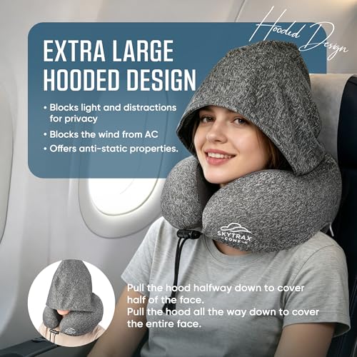 SkytraxComf® Travel Neck Pillow with Hood for Privacy on Long Flights | Memory Foam | Airplane Sleep | Safety-Tested Materials | Extra Large Hood | Chin Support | Earplugs | Washable Cover - color: Grey