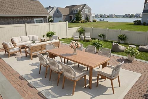 PURPLE LEAF 9 Pieces Dining Set Patio Metal Rectangular Table and Wicker Rattan Chairs for Outside Porch Garden Kitchen Modern Outdoor Furniture Sets - color: Deep Teak, size: 9 PCS, style: Rectangular