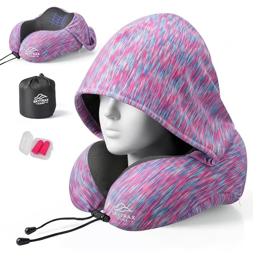 SkytraxComf® Travel Neck Pillow with Hood for Privacy on Long Flights | Memory Foam | Airplane Sleep | Safety-Tested Materials | Extra Large Hood | Chin Support | Earplugs | Washable Cover - color: Colorful