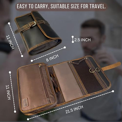 RUSTIC TOWN Leather Hanging Toiletry Bag for Men - Travel Shaving Dopp Kit - Bathroom Shower Toiletries Organizer - Leather Cosmetic Makeup Bag for Women - color: Brown