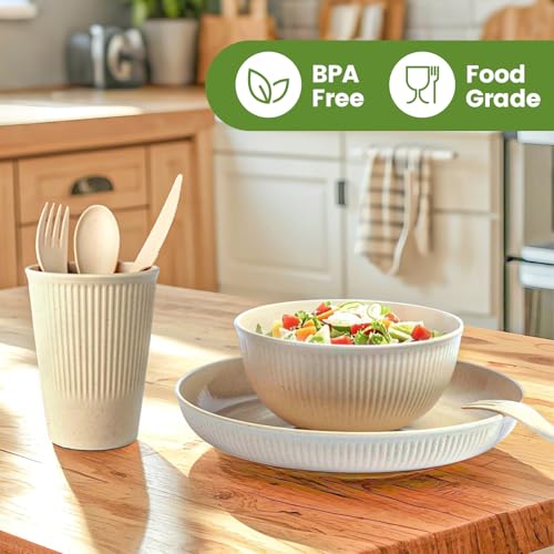 36-Piece Reusable Wheat Straw Dinnerware Sets for 6, Farielyn-X Unbreakable Reusable Set Kitchen Cups, Plates, Bowls Sets & Cultery Dishwasher Microwave Safe - Patio, Outdoors, RV, Camping Dishes