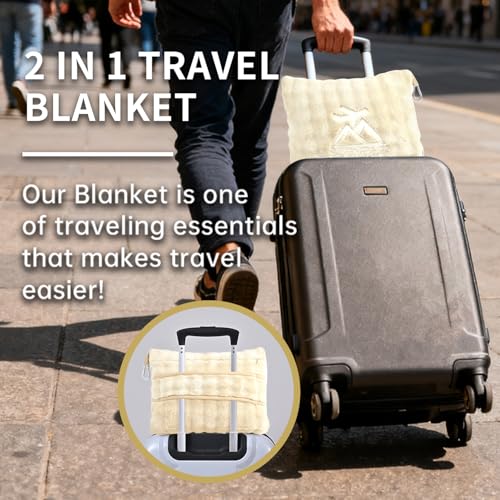Travel Blanket and Pillow-2-in-1, Ultra-Soft&Compact, Airplane Blanket with Hand Luggage Belt and Backpack Clip,Travelers Accessories Gifts, 61x43 Inches（White） - color: White