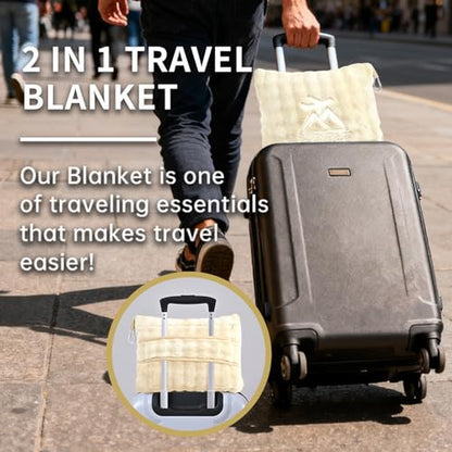 Travel Blanket and Pillow-2-in-1, Ultra-Soft&Compact, Airplane Blanket with Hand Luggage Belt and Backpack Clip,Travelers Accessories Gifts, 61x43 Inches（White） - color: White