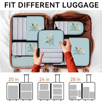 Custom 6 Set Compression Packing Cubes for Travel, Personalized Lightweight Luggage Organizer Bags with Birth Flower, Expandable Large Expandable Packing Organizer, Blue Pinks Purple - color: Light Blue
