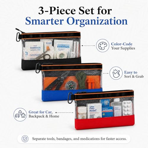 3 Packs Empty First Aid Kit Bag with Carabiner, First Aid Pouch for Home Office Travel Camping Outdoor Activities, Multifunction Emergency Medicine Storage Bag- 11.4x7 inch(Bag Only)