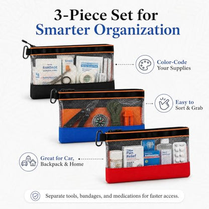 3 Packs Empty First Aid Kit Bag with Carabiner, First Aid Pouch for Home Office Travel Camping Outdoor Activities, Multifunction Emergency Medicine Storage Bag- 11.4x7 inch(Bag Only)