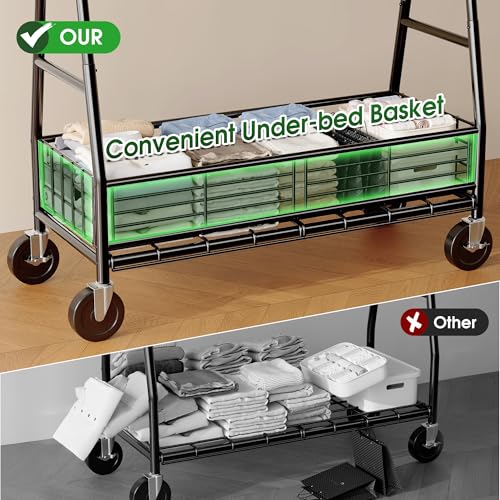 Raybee Heavy Duty Clothes Rack 630LBS, Double Rods Clothing Rack with Storage Basket, Portable Garment Rack for Heavy Clothes, Extendable & Adjustable, Bedroom, Closet, Commercial, Black - color: Black, style: Double Rods