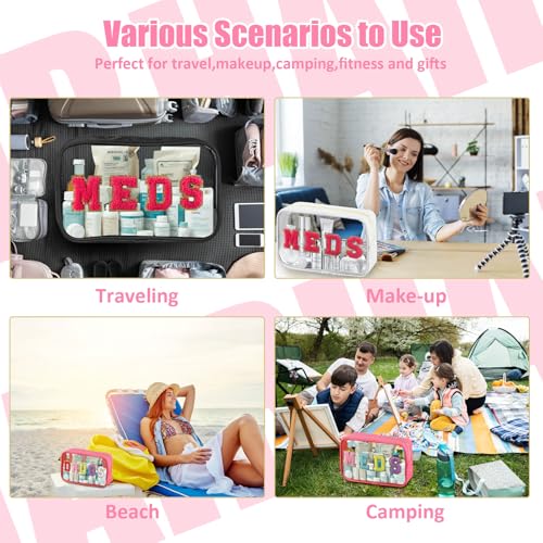 BuyCard 2 Pcs Medicine Chenille Letter Bag Preppy Clear Makeup Meds Bag for Travel Nylon & PVC Transparent Cosmetic Bag Preppy Patch Toiletry Storage for Women Girls White - color: MEDS-White, style: 2 Pcs-clear