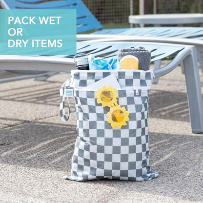 Bumkins - Waterproof Wet Bag, Wet/Dry Clutch & Clear Travel Bags - For Beach, Baby, Travel, Cloth Diapers, Pump Parts, Pool, Gym, Toiletries - Reusable & Easy to Clean - Gray Check - 5 Pack - color: A4 Charcoal Check 5pc