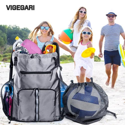 Large Beach Backpack Waterproof Sandproof - Customized Oversized Drawstring Pool Bag with Shoe Compartment for Toiletries, Towels, Gym, Travel - color: Grey