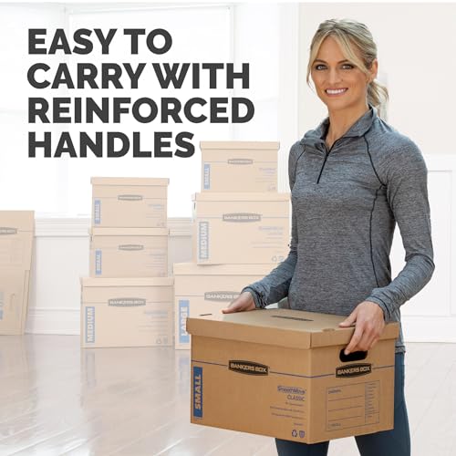 Bankers Box Small Classic Moving Box 10 Pack, Reinforced Handles, Tape-Free Assembly, Box with Lid, 15" x 12" x 10", Cardboard - size: Small, 10 Count (Pack of 1)