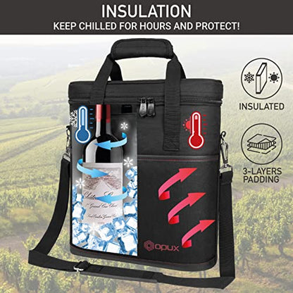 opux 3 Bottle Wine Carrier Tote, Insulated Leakproof Wine Cooler Bag, Wine Travel Bag Tote for Picnic BYOB Beach, Portable Wine Bottle Carrying Case, Gift for Wine Lover Women Men Christmas, Black - color: Black