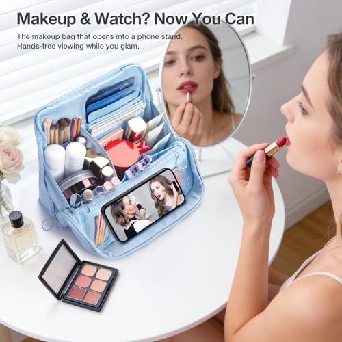 Abiudeng Standing Travel Makeup Bag Stand up Make up Bag Travel Toiletry Bag with Multiple Compartments Large Capacity for Women Business Trips Fitness and Daily Commutes(blue) - color: Blue