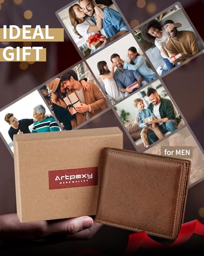 Artpaxy Mens Wallet Genuine Leather Bifold RFID Blocking Wallet for Men with 1 ID Window 13 Card Holders 2 cash pockets 1 Gift Box - color: Brown