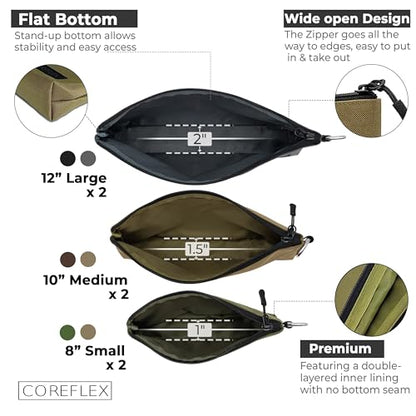 COREFLEX Premium Tool Pouch Zipper Bag, Small Tool Bag, Multipurpose Storage pouch, Heavy duty Flat Bottom Tool bag with YKK Zipper (6 pack Combo mixed size) - size: 6 pack Combo mixed size Khaki