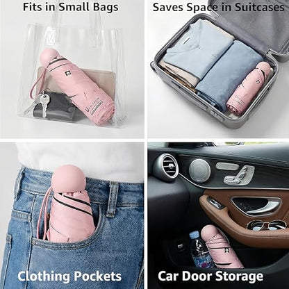 BAODINI Travel Essentials Mini Umbrella for Purse With Case Small Compact UV Sun Protection Lightweight Tiny Pocket Manual Open Close Umbrella for Women Kids and Men Fits Purse Backpack - color: 2 Pack Pink & Purple