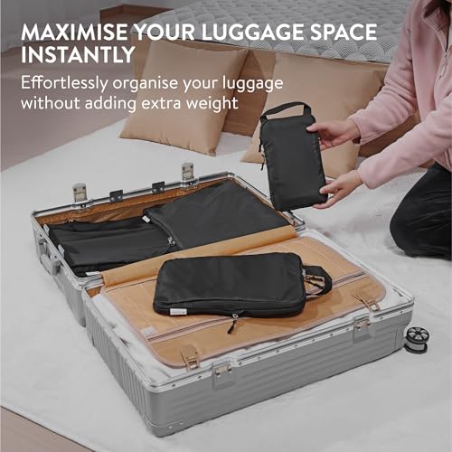 Navaris Compression Packing Cubes Set of 4 Sizes - Compressible Travel Bags for Packing - Lightweight Compression Travel Organizer - Suitcase Carry On Luggage Backpacks - Black