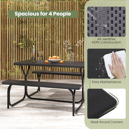 S AFSTAR Picnic Table, 59” Plastic Picnic Table with Benches, Steel Frame & Wood-Like Texture Tabletop, Expanded Rectangular Camping Table Chair Set for Garden Patio Lawn Deck (Black) - color: Black