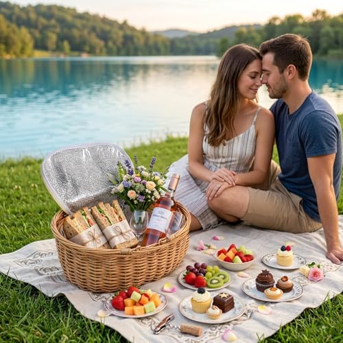 Wicker Picnic Basket with Insulated Lined Bag 15“ x 11” x 7“ Red, White,Blue Star Stripe Pattern, Iced Beer Insulated Bag for Camping, Picnics, Birthday Gifts, Wedding Gifts - color: Classic Red and Blue Stripes