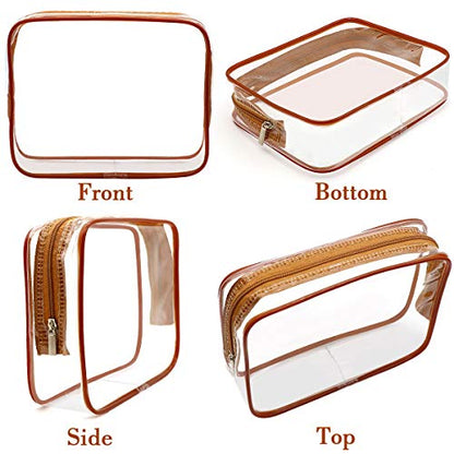APREUTY Clear Makeup Bags, TSA Approved 6Pcs Cosmetic Makeup Bags Set Clear PVC w/Zipper Handle Portable Travel Luggage Pouch Airport Airline Bags Bathroom (Coffee) - color: Coffee-6PCS(Large+Medium+Small)
