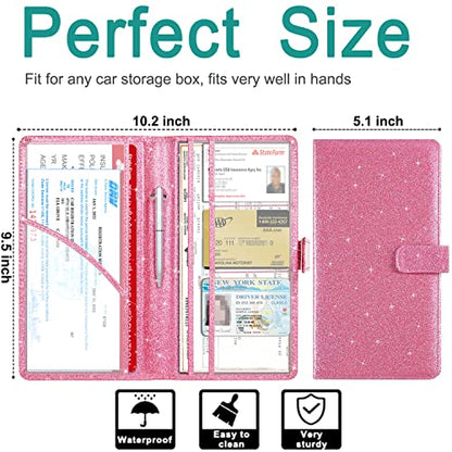 RSAquar Car Registration & Insurance Holder - Leather Glove Box Organizer, Cool Accessories for ID, Driver's License Cards & Docs, Men & Women, Pink Glitter - color: Glitter Pink