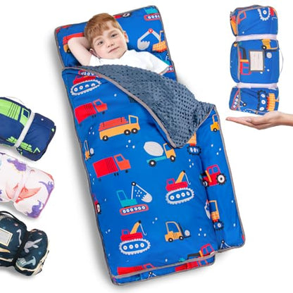 Primlect Thickened Toddler Nap Mat with Removable Pillow and Minky Blanket, Extra Large 55''x35'' Sleeping Bag, Washable, Roll up, Perfect for Daycare, Preschool, Kindergarten, Boys and Girls Blue Car - color: Blue Car