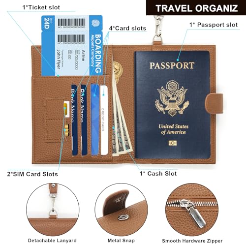 Long Keeper Passport Holder for Women Men PU Leather Anti-theft Wallet with Card Holder Slim Travel Neck Pouch with Lanyard (Brown) - color: Brown