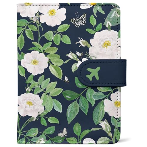 Passport Holder, Travel Wallet Cover with Pen Loop | Cute RFID Blocking Leather Case with Magnetic Closure for Travel Essentials-flower - color: P-Butterfly