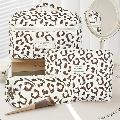 GISMTR 3Pcs Makeup Bag Cotton Quilted Travel Cosmetic Bag Cute Floral Makeup Pouch Large Toiletry Bag for Women Girls - color: Coffee leopard print