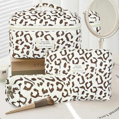GISMTR 3Pcs Makeup Bag Cotton Quilted Travel Cosmetic Bag Cute Floral Makeup Pouch Large Toiletry Bag for Women Girls - color: Coffee leopard print