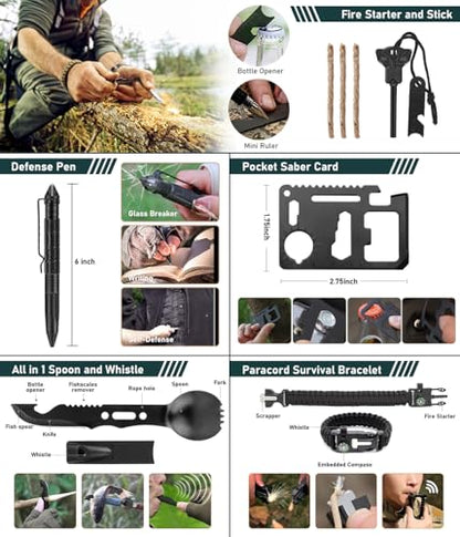 Survival Kit, 262Pcs Survival Gear and Supplies with First Aid Kit Pouch and Crossbody Bag, Emergency Kit with Tent, Camping Axe Hammer, Survival Shovel w/Pick, Bug Out Bag Gifts for Men Women - color: Black