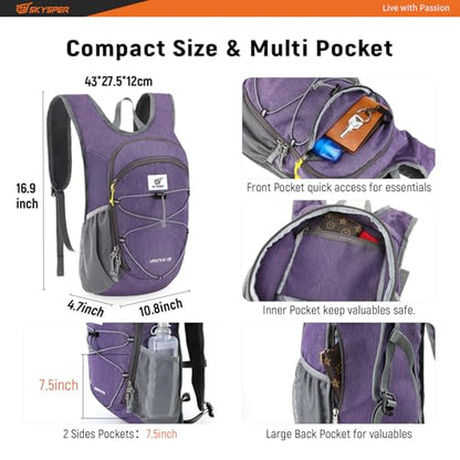 SKYSPER 15L/20L Foldable Hiking Backpack Lightweight Packable Travel Daypack with Chest Strap Small Folding Pack for Walking - color: Purple, size: 15l