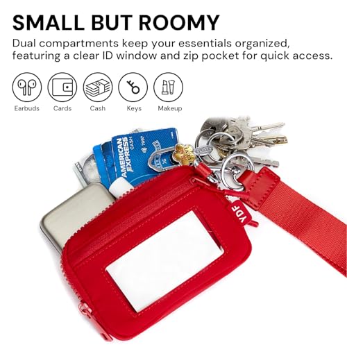 Keychain Wallet for Women Mini Zip Wristlet Wallets with ID Window, Small Coin Purse Keychain Card Holder Organizer, Detachable Strap Gifts for Women, Red - color: Red