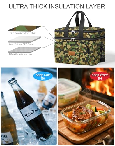 Rnivvi Lunch Box for Men, Double Decker Insulated Cooler Bag Lunch Bag Reusable Leakproof Tote Lunch Container with Strap for Work Family Picnic Camping, 18 Cans 12L, Large Adults, Green Camouflage - color: Green Camouflage