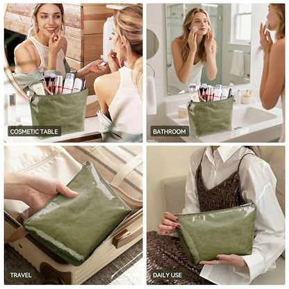 WLLWOO PVC Waterproof Makeup Bag Kraft Paper Cosmetic Bag Travel Toiletry Zipper Pouch Organizer for Women Purse - color: PVC-Olive Green