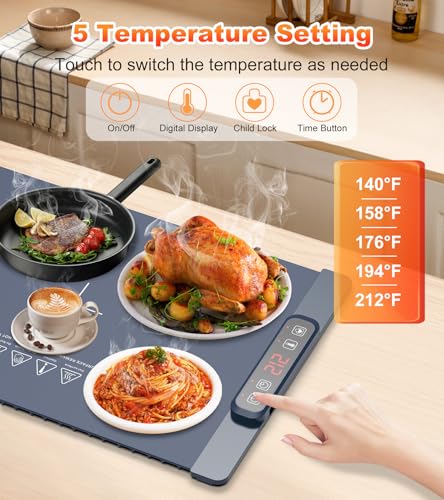 10s Rapid Heating Food Warming Mat, 5 Temperature Settings Silicone Electric Heating Tray with 1-4H Timer & Child Lock, Foldable Portable Food Warmer for Family Gatherings/Camping/Baking, Dark Blue