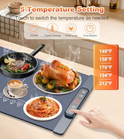 10s Rapid Heating Food Warming Mat, 5 Temperature Settings Silicone Electric Heating Tray with 1-4H Timer & Child Lock, Foldable Portable Food Warmer for Family Gatherings/Camping/Baking, Dark Blue