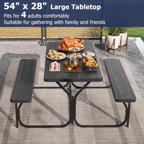 GYMAX Picnic Table, Picnic Bench Easy to Assemble w/All Weather Wood Grain Tabletop & Metal Frame, Picnic Tables for Outdoors Camping Backyard Deck Patio Poolside Dining Party - color: Black