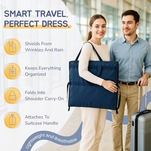 Wedding Dress Garment Bag 72" – Waterproof Trifold Travel Garment Bag for Bridal Gown with Shoulder Strap, Suitcase Sleeve & Accessory Pockets – Fits Full Skirts, Oxford Fabric, Carry Handle - color: Navy