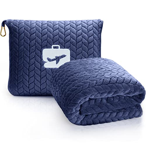 EverSnug Travel Blanket & Pillow 68x42 - Premium Ultra-Soft Microfleece 2 in 1 Compact & Packable Flight Blanket with Soft Bag Pillowcase, Hand Luggage Sleeve and Backpack Clip (Navy Blue) - color: Navy Blue