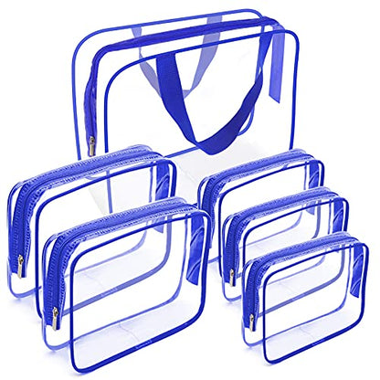 APREUTY Clear Makeup Bags, TSA Approved 6Pcs Cosmetic Makeup Bag Set Clear PVC with Zipper Handle Portable Travel Luggage Pouch Airport Airline Vacation (Blue) - color: Blue-6PCS(Large+Medium+Small)