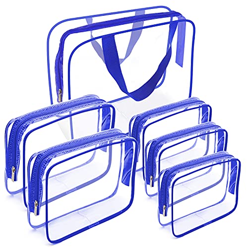 APREUTY Clear Makeup Bags, TSA Approved 6Pcs Cosmetic Makeup Bag Set Clear PVC with Zipper Handle Portable Travel Luggage Pouch Airport Airline Vacation (Blue) - color: Blue-6PCS(Large+Medium+Small)