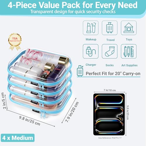 YQBRAO 4-Pack Clear Diaper Bag Organizer Pouches, 1.2mm Ultra-Thick PET Travel Pouches for Toiletries & Makeup, Rigid Self-Standing Bags with YKK Zippers, TSA Approved (Blue) - color: Blue, size: 4 Pack(M)