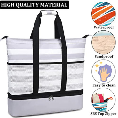 JIANYA Beach Bag Women Waterproof Sandproof Beach Tote Bags with Cooler Top Zipper Large Totes for Pool Travel Daily - color: Grey Stripes