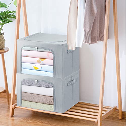 Clothes Storage Box Bins Stackable Foldable Organizer,Sturdy Handles with Metal Frame for Clothing Bedding Shelves,Closet Container with Clear Window Zipper and Label Holder (Gray, 66L x3 Pack) - color: Gray, 66L x3 Pack