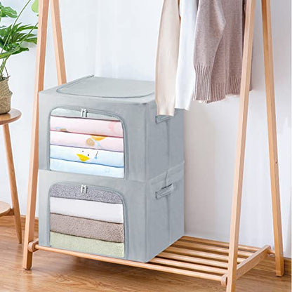 Clothes Storage Box Bins Stackable Foldable Organizer,Sturdy Handles with Metal Frame for Clothing Bedding Shelves,Closet Container with Clear Window Zipper and Label Holder (Gray, 66L x3 Pack) - color: Gray, 66L x3 Pack