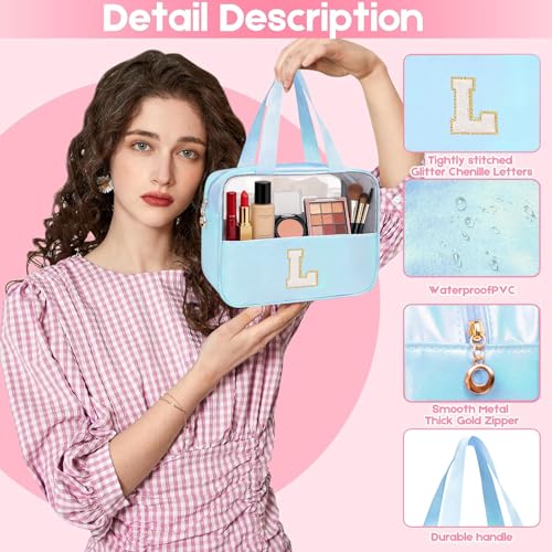 Personalized Initial L Clear Blue Makeup Bag - Large Travel Toiletry Bag, Cute Cosmetic Organizer Set for Girlfriend, Teacher, Teen Girl Gifts - color: Blue, style: L