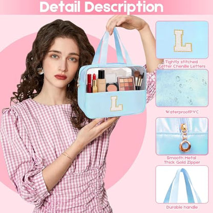 Personalized Initial L Clear Blue Makeup Bag - Large Travel Toiletry Bag, Cute Cosmetic Organizer Set for Girlfriend, Teacher, Teen Girl Gifts - color: Blue, style: L