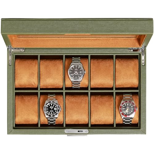 ROTHWELL 10 Slot Leather Watch Box - Luxury Case Display Jewelry Organizer - Locking Watch Display Case Holder with Large Glass Top - Box Organizer for Men and Women (Green/Tan) - color: Green / Tan