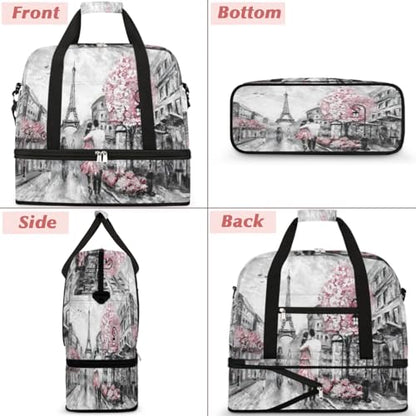Eiffel Tower Foldable Travel Duffel Bag, Expandable Sports Gym Bag with Shoes Compartment Weekender Overnight Totes Bags for Women Men - color: Eiffel Tower